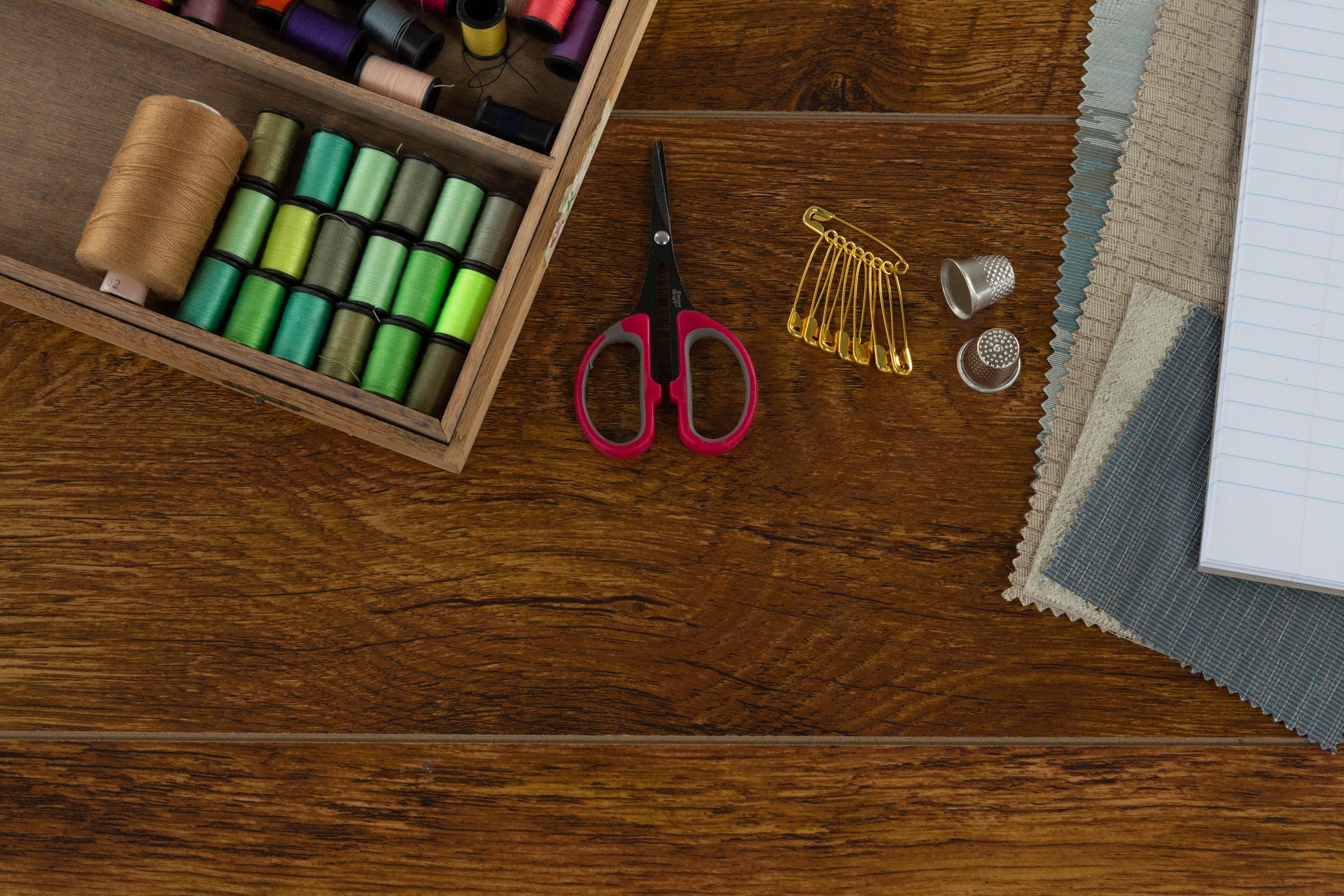 Studio with threads, needles and samples